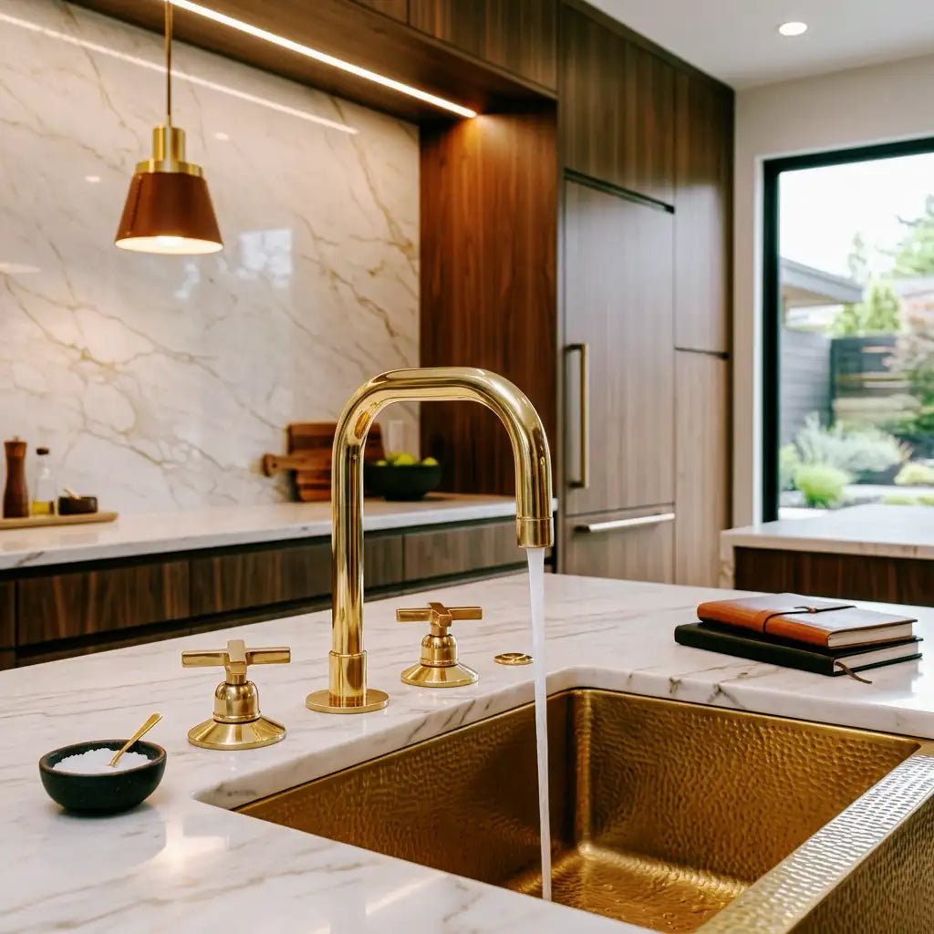 Unlacquered Brass 3 Holes Widespread Faucet - Deck Mount Brass Bathroom Tap - handcrafted luxury Bathroom Faucets for kitchen and bathroom interiors by Brooklyn Brass