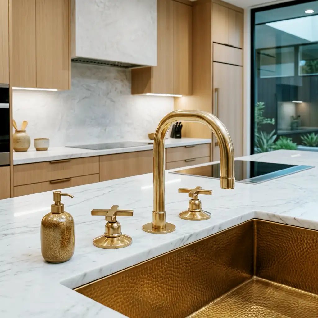 Unlacquered Brass 3 Holes Widespread Faucet - Deck Mount Brass Bathroom Tap - handcrafted luxury Bathroom Faucets for kitchen and bathroom interiors by Brooklyn Brass