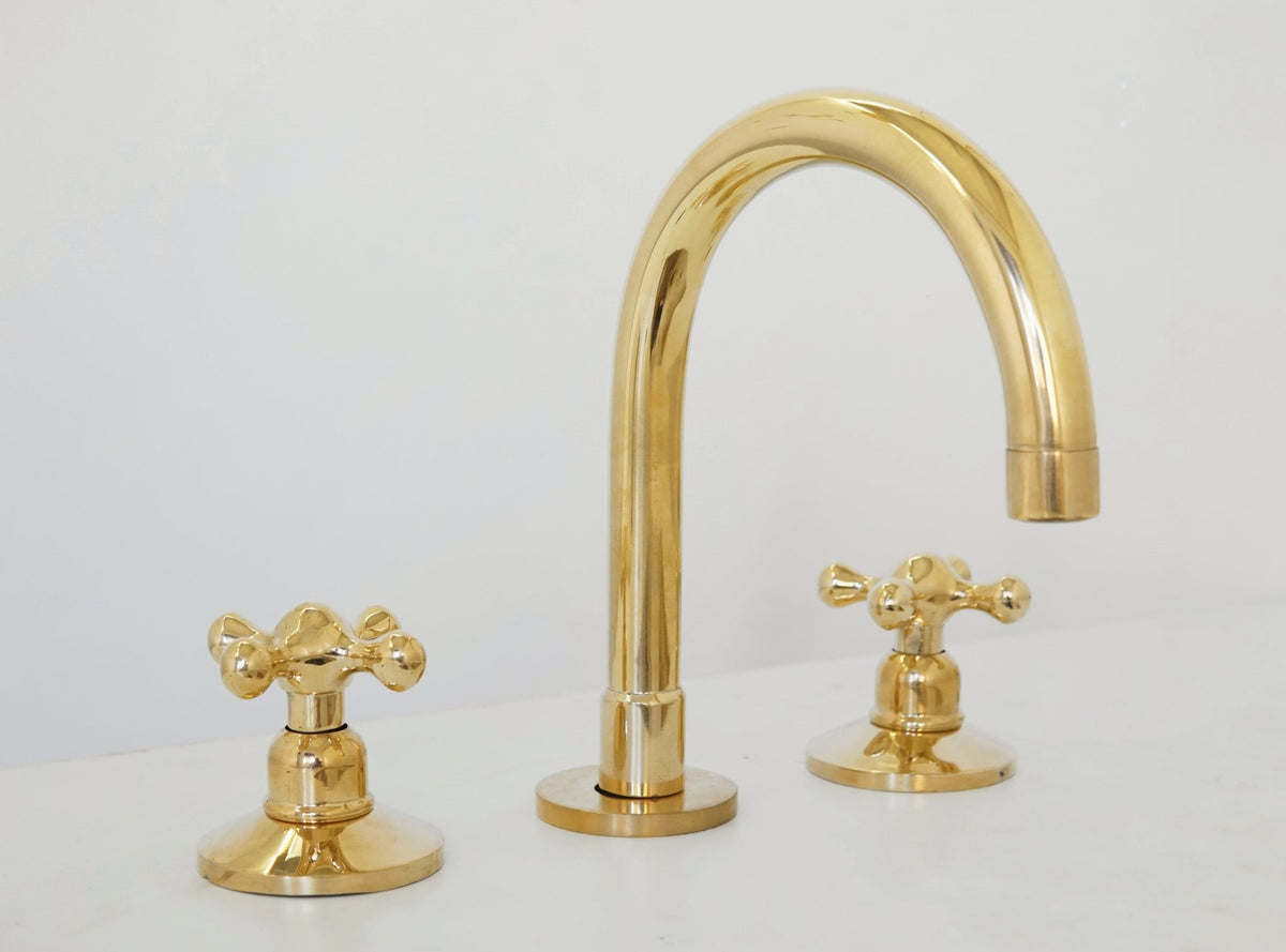 Unlacquered Brass Bathroom Faucet - 3 Holes Widespread Deck Mounted Tap - handcrafted luxury Bathroom Faucets for kitchen and bathroom interiors by Brooklyn Brass