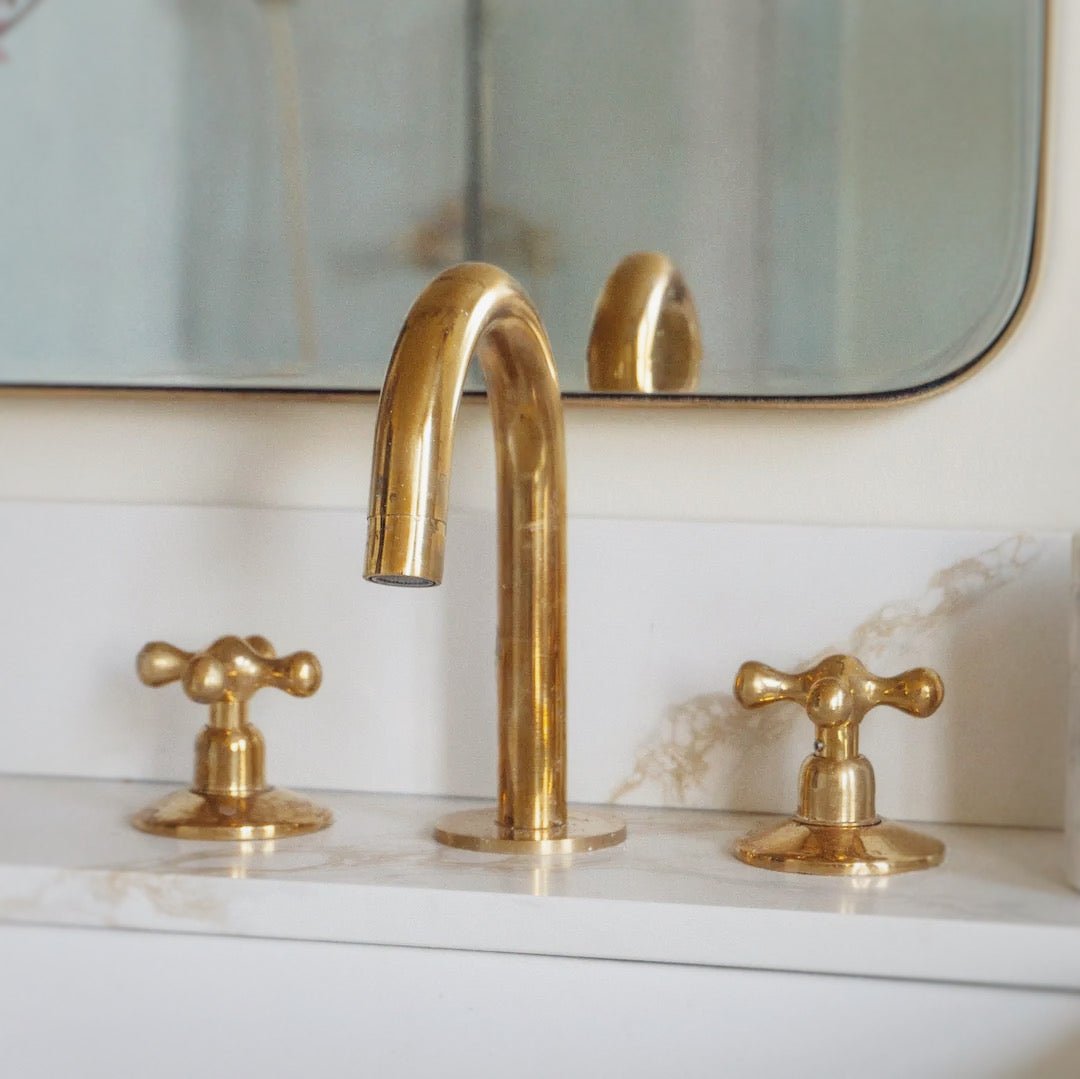 Unlacquered Brass Bathroom Faucet - 3 Holes Widespread Deck Mounted Tap - handcrafted luxury Bathroom Faucets for kitchen and bathroom interiors by Brooklyn Brass