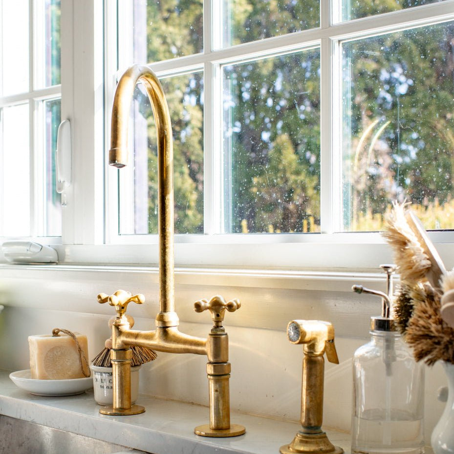Unlacquered Brass Bridge Faucet, Antique Brass Kitchen Tap - handcrafted luxury Kitchen Faucets for kitchen and bathroom interiors by Brooklyn Brass