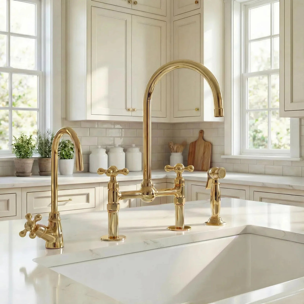 Unlacquered Brass Bridge Kitchen Faucet: 8-Inch with Side Sprayer