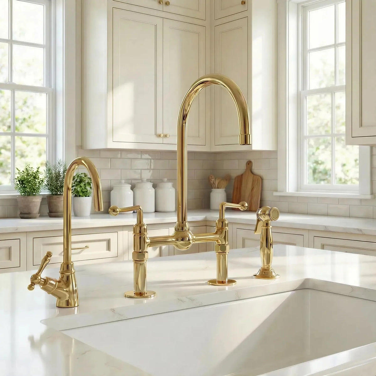 Unlacquered Brass Bridge Kitchen Faucet: 8-Inch with Side Sprayer