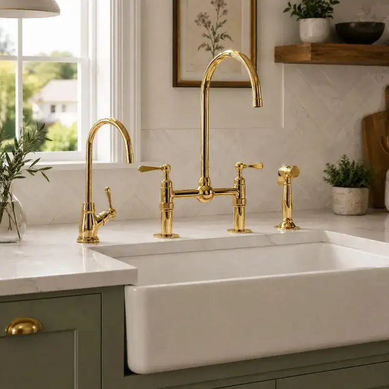Unlacquered Brass Bridge Kitchen Faucet: 8-Inch with Side Sprayer - handcrafted luxury Kitchen Faucets for kitchen and bathroom interiors by Brooklyn Brass