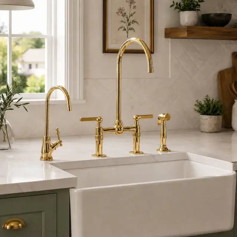 Unlacquered Brass Bridge Kitchen Faucet: 8-Inch with Side Sprayer - handcrafted luxury Kitchen Faucets for kitchen and bathroom interiors by Brooklyn Brass