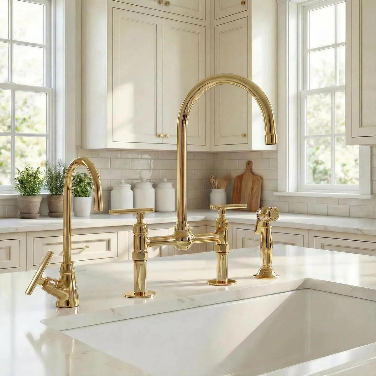 Unlacquered Brass Bridge Kitchen Faucet: 8 - Inch with Side Sprayer - handcrafted luxury Kitchen Faucets for kitchen and bathroom interiors by Brooklyn Brass