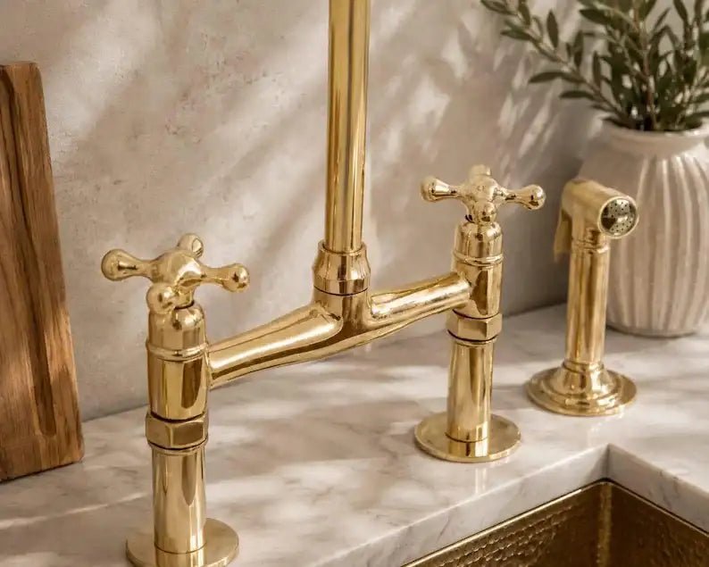 Unlacquered Brass Bridge Kitchen Faucet - Solid Brass Kitchen Tap - handcrafted luxury Kitchen Faucets for kitchen and bathroom interiors by Brooklyn Brass