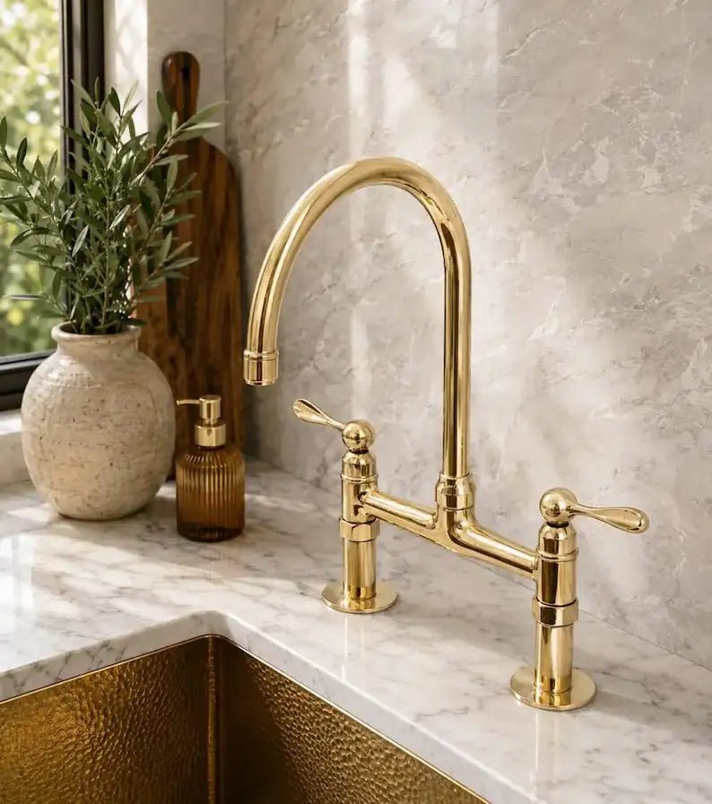 Unlacquered Brass Bridge Kitchen Faucet - Solid Brass Kitchen Tap - handcrafted luxury Kitchen Faucets for kitchen and bathroom interiors by Brooklyn Brass