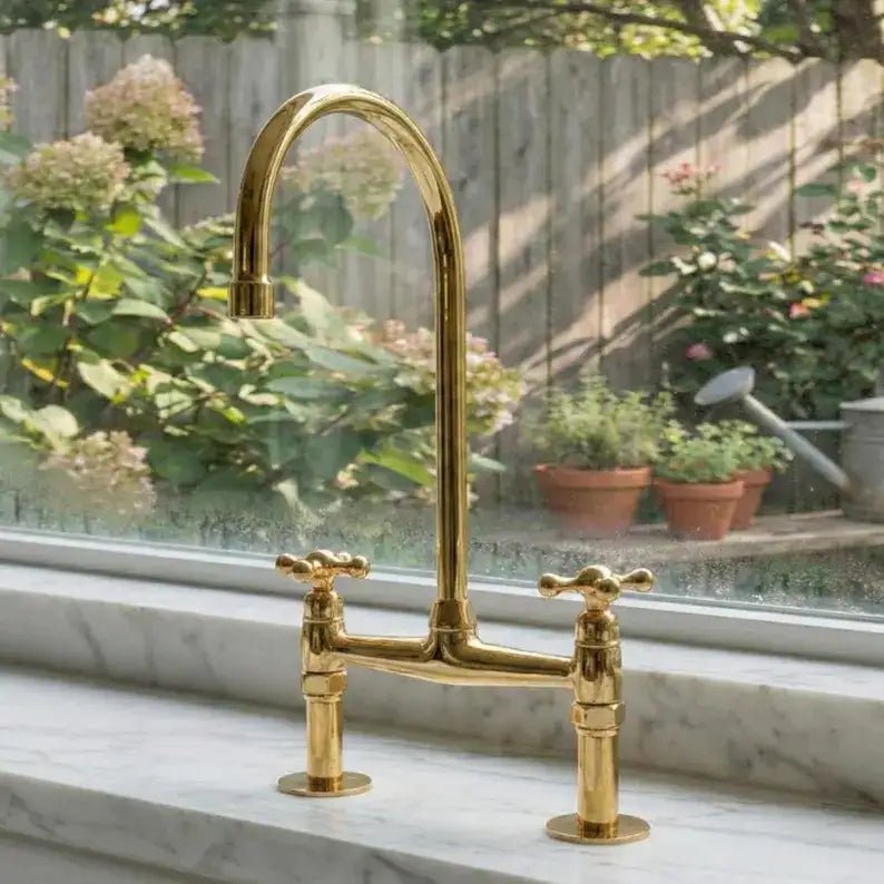 Unlacquered Brass Bridge Kitchen Faucet - Solid Brass Kitchen Tap - handcrafted luxury Kitchen Faucets for kitchen and bathroom interiors by Brooklyn Brass