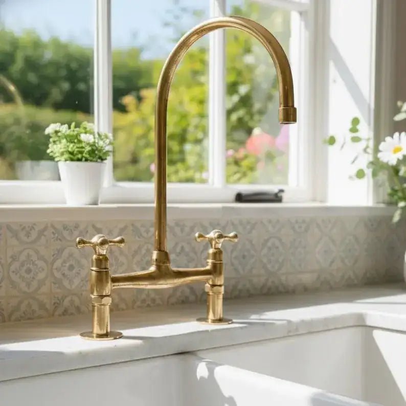 Unlacquered Brass Bridge Kitchen Faucet - Solid Brass Kitchen Tap - handcrafted luxury Kitchen Faucets for kitchen and bathroom interiors by Brooklyn Brass