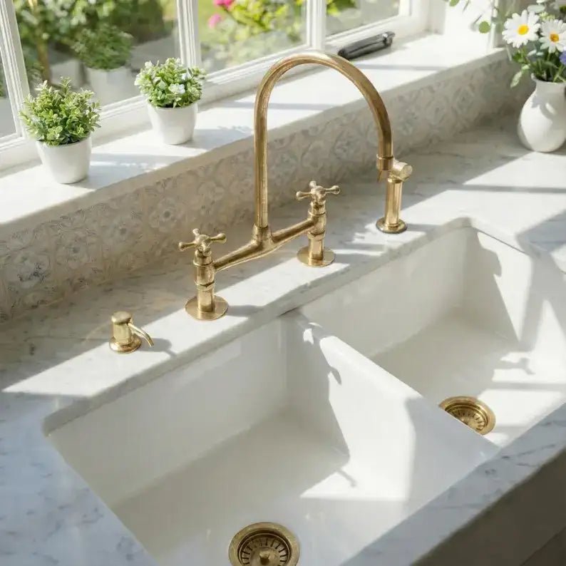 Unlacquered Brass Bridge Kitchen Faucet - Solid Brass Kitchen Tap - handcrafted luxury Kitchen Faucets for kitchen and bathroom interiors by Brooklyn Brass