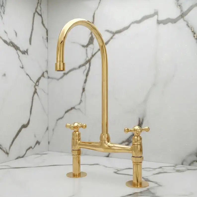 Unlacquered Brass Bridge Kitchen Faucet - Solid Brass Kitchen Tap - handcrafted luxury Kitchen Faucets for kitchen and bathroom interiors by Brooklyn Brass