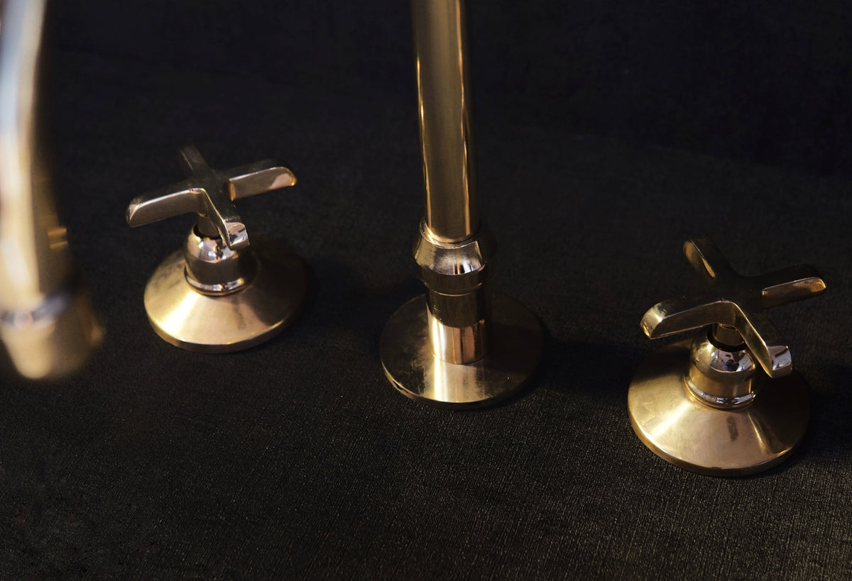 Unlacquered Brass Deck Mounted 3 Holes Faucet, Brass widespread Faucet for Bathroom and Kitchen - handcrafted luxury Kitchen Faucets for kitchen and bathroom interiors by Brooklyn Brass