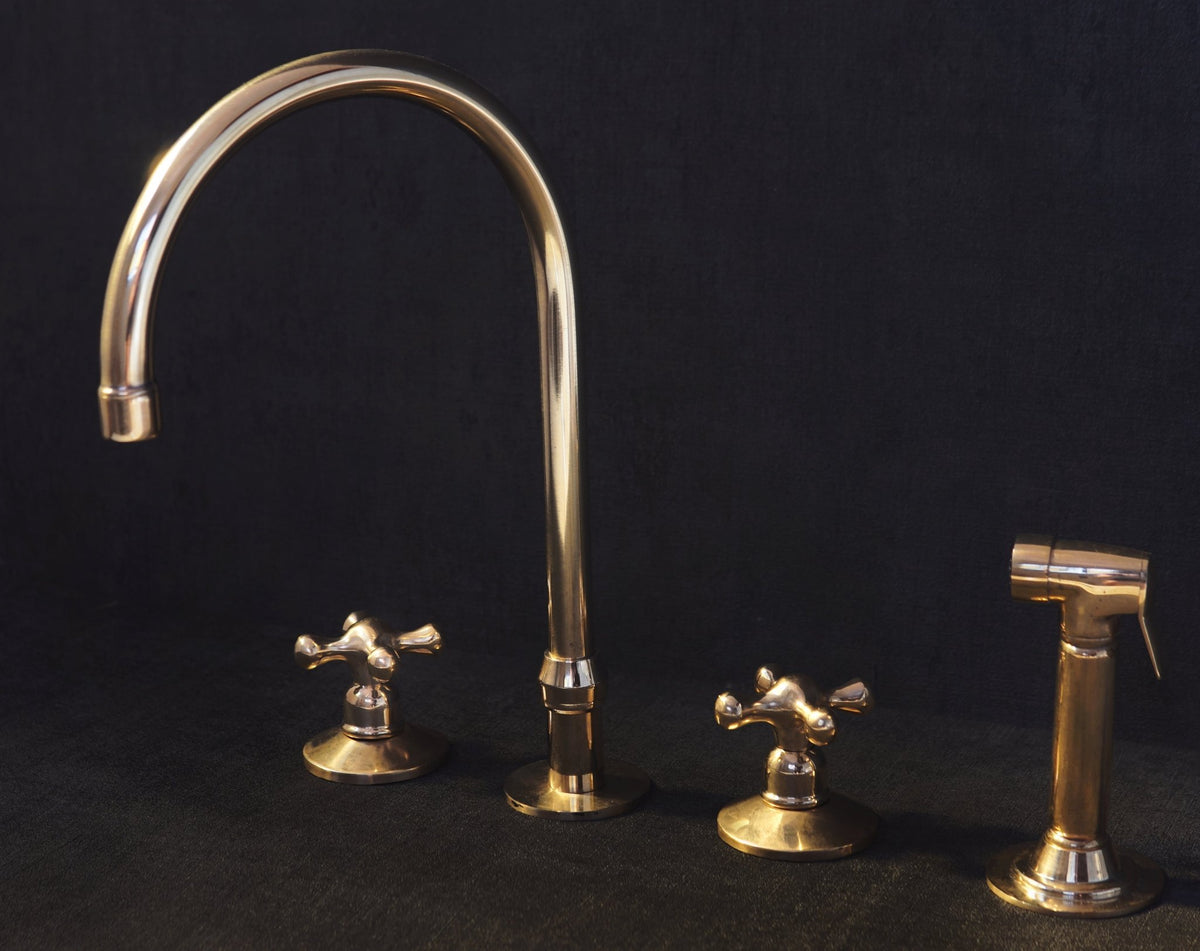Unlacquered Brass Deck Mounted 3 Holes Faucet, Brass widespread Faucet for Bathroom and Kitchen - handcrafted luxury Kitchen Faucets for kitchen and bathroom interiors by Brooklyn Brass