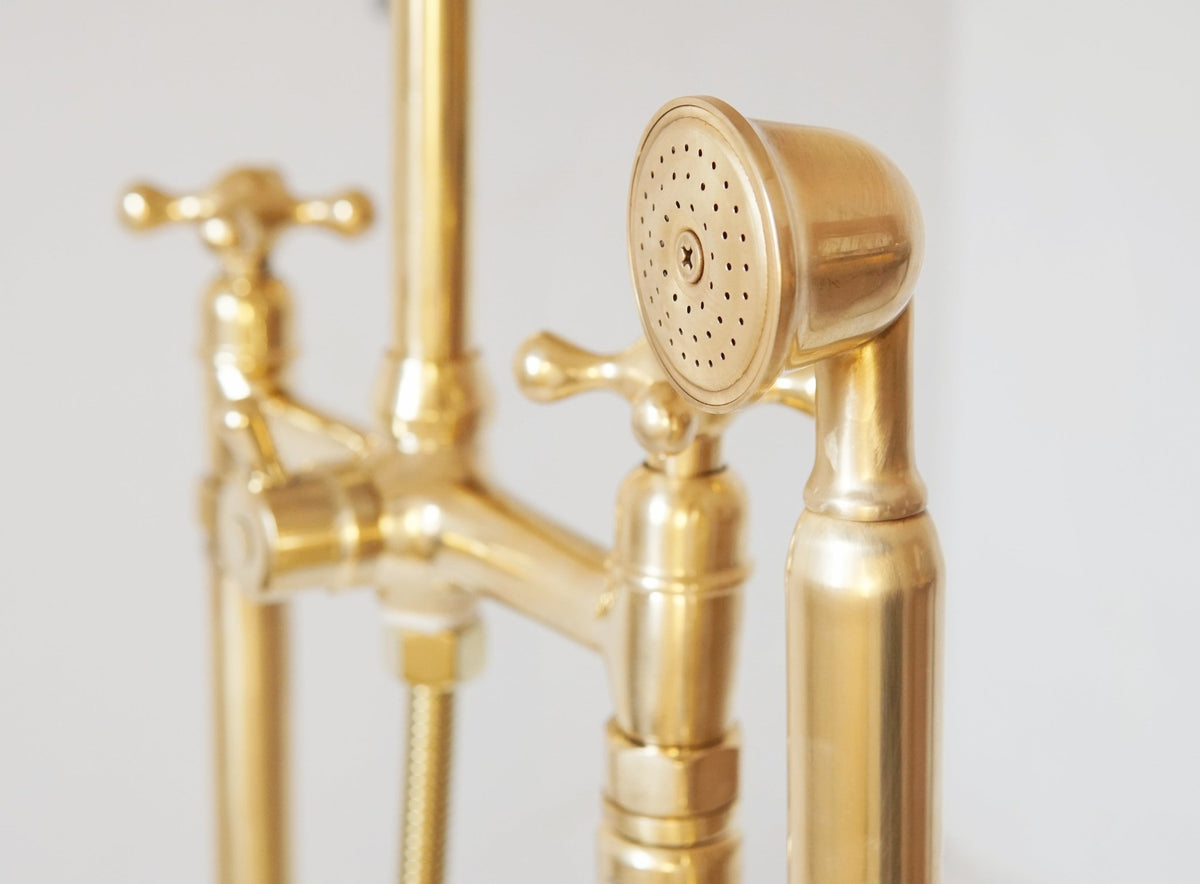 Unlacquered Brass Floor Mounted Bath Tub Filler - handcrafted luxury Showers for kitchen and bathroom interiors by Brooklyn Brass