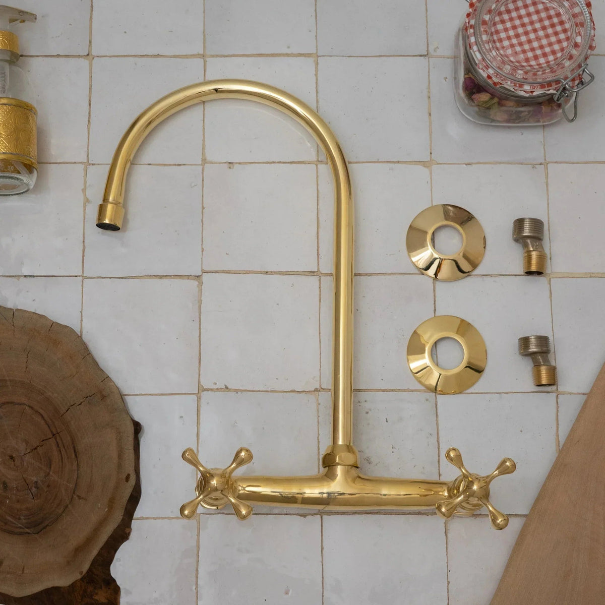 Unlacquered Brass Kitchen Wall Mount Faucet, Gooseneck Faucet - handcrafted luxury Kitchen Faucets for kitchen and bathroom interiors by Brooklyn Brass
