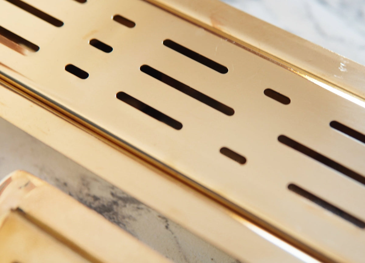 Unlacquered Brass Linear Floor Drain, Solid Brass Rectangular Shower Drain - handcrafted luxury Hardware and Drains for kitchen and bathroom interiors by Brooklyn Brass