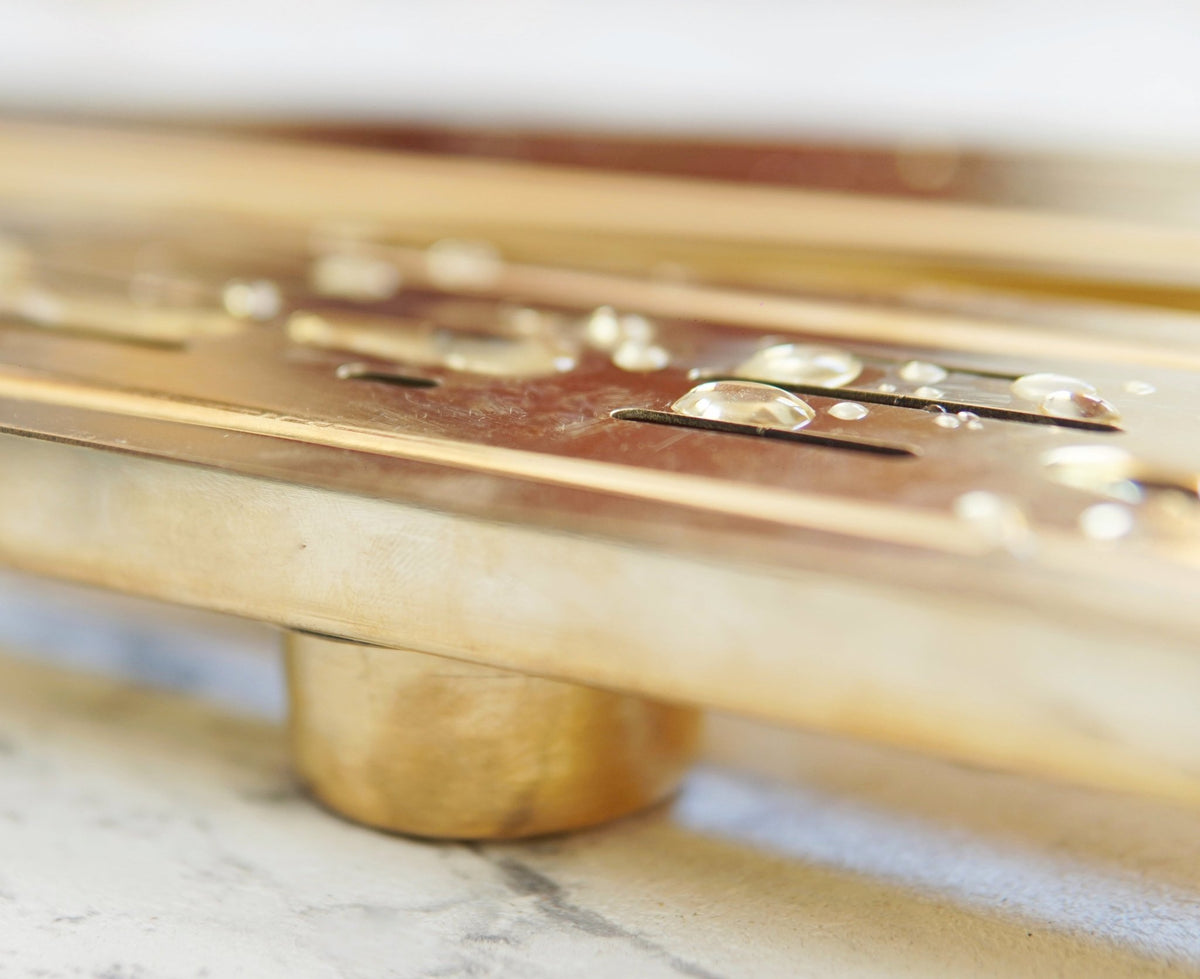 Unlacquered Brass Linear Floor Drain, Solid Brass Rectangular Shower Drain - handcrafted luxury Hardware and Drains for kitchen and bathroom interiors by Brooklyn Brass