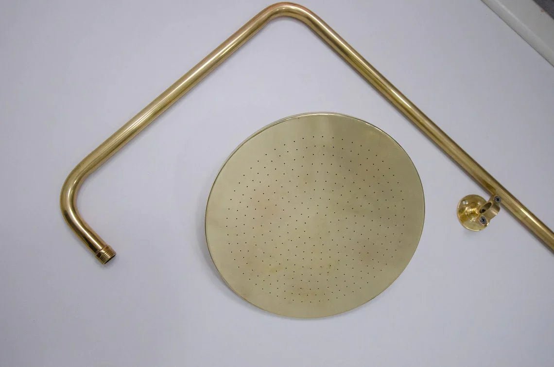 Unlacquered Brass Shower System, Vintage Head Combo, Exposed Pipe - handcrafted luxury Shower Systems for kitchen and bathroom interiors by Brooklyn Brass