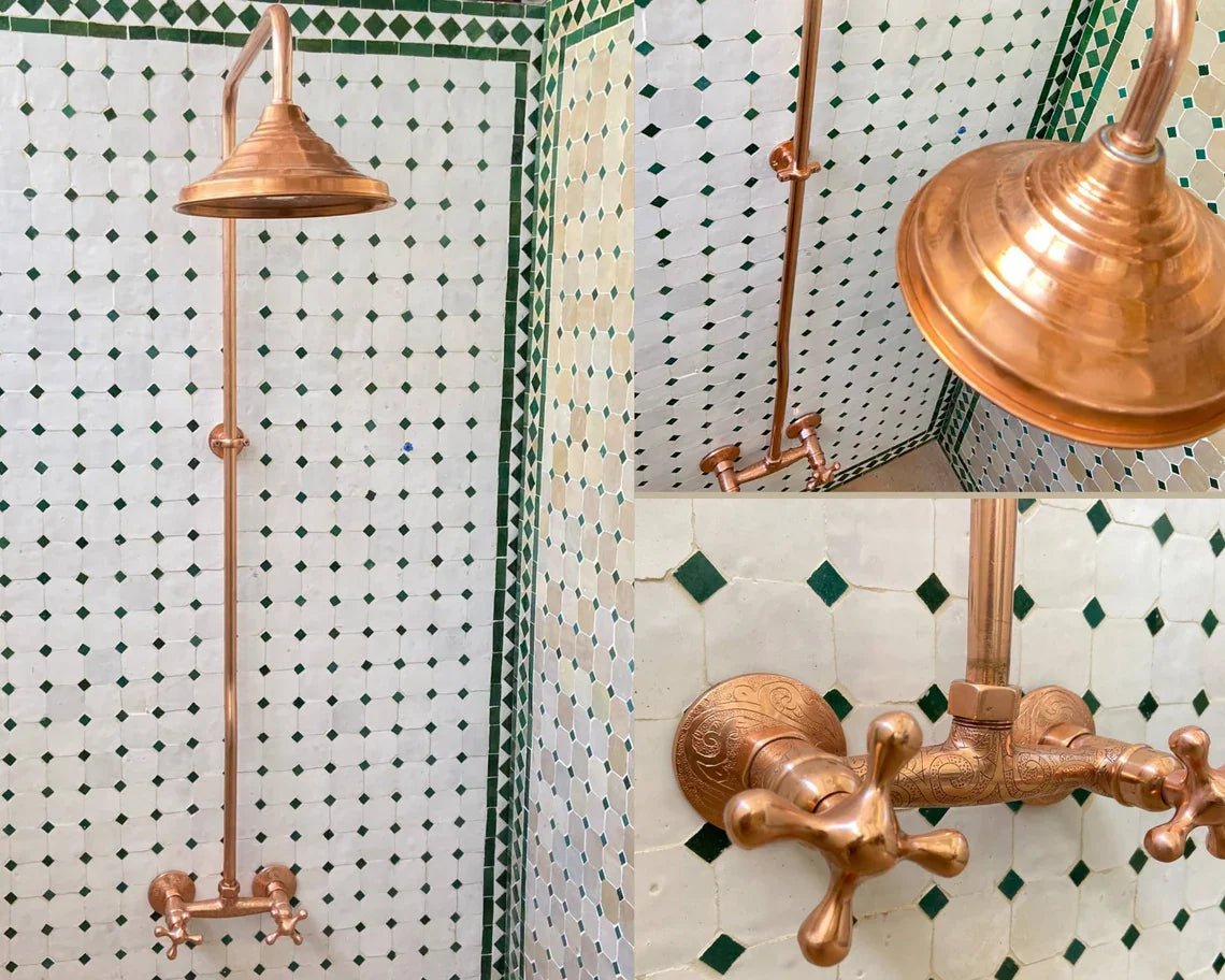 Unlacquered Brass Shower System, Vintage Head Combo, Exposed Pipe - handcrafted luxury Shower Systems for kitchen and bathroom interiors by Brooklyn Brass
