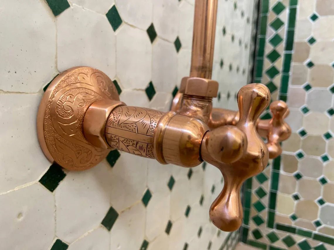 Unlacquered Brass Shower System, Vintage Head Combo, Exposed Pipe - handcrafted luxury Shower Systems for kitchen and bathroom interiors by Brooklyn Brass