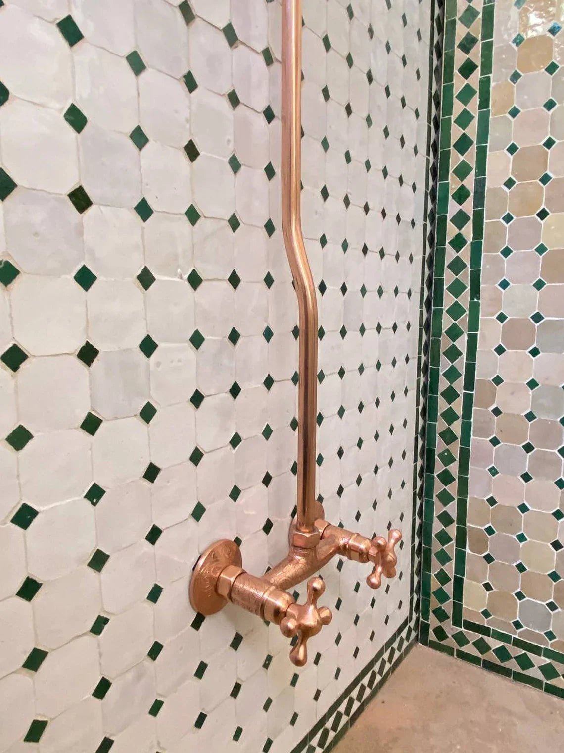 Unlacquered Brass Shower System, Vintage Head Combo, Exposed Pipe - handcrafted luxury Shower Systems for kitchen and bathroom interiors by Brooklyn Brass