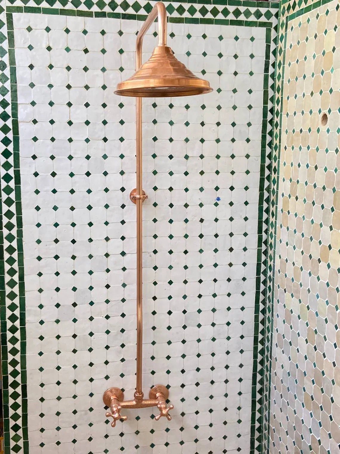 Unlacquered Brass Shower System, Vintage Head Combo, Exposed Pipe - handcrafted luxury Shower Systems for kitchen and bathroom interiors by Brooklyn Brass