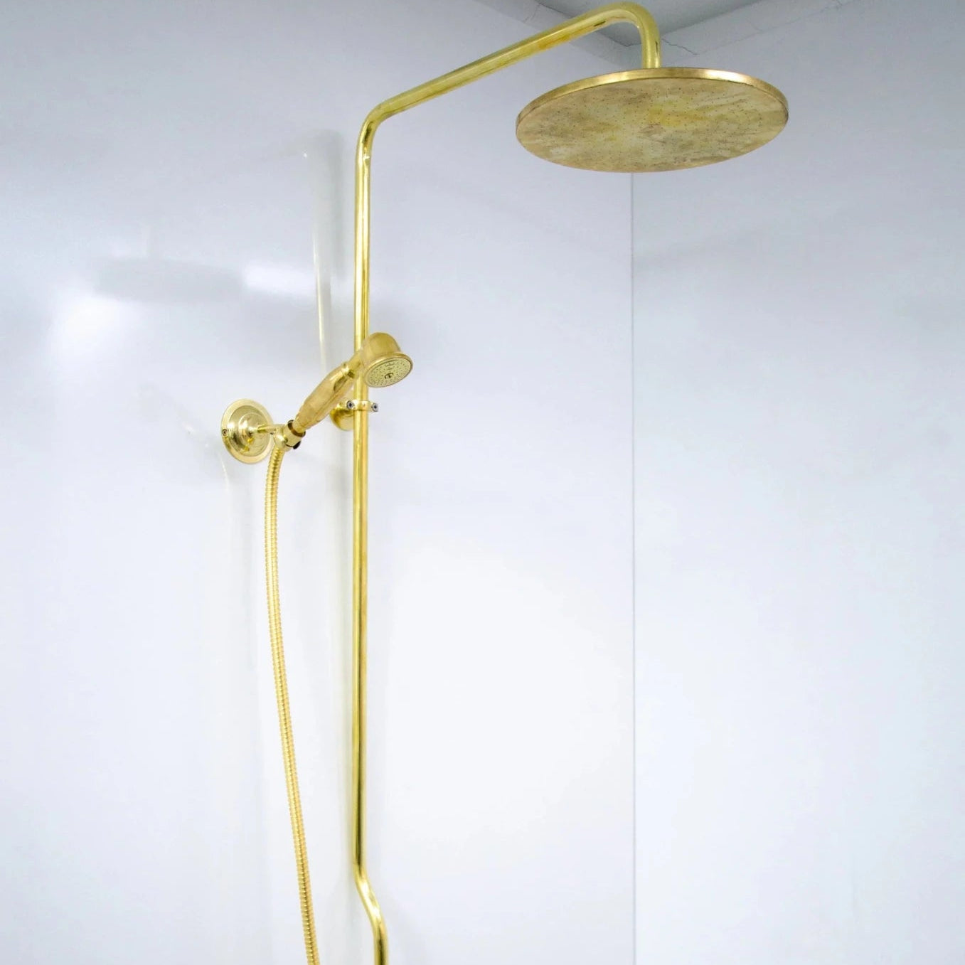 Unlacquered Brass Shower System with Handheld - Solid Brass Exposed Shower - handcrafted luxury Shower Systems for kitchen and bathroom interiors by Brooklyn Brass