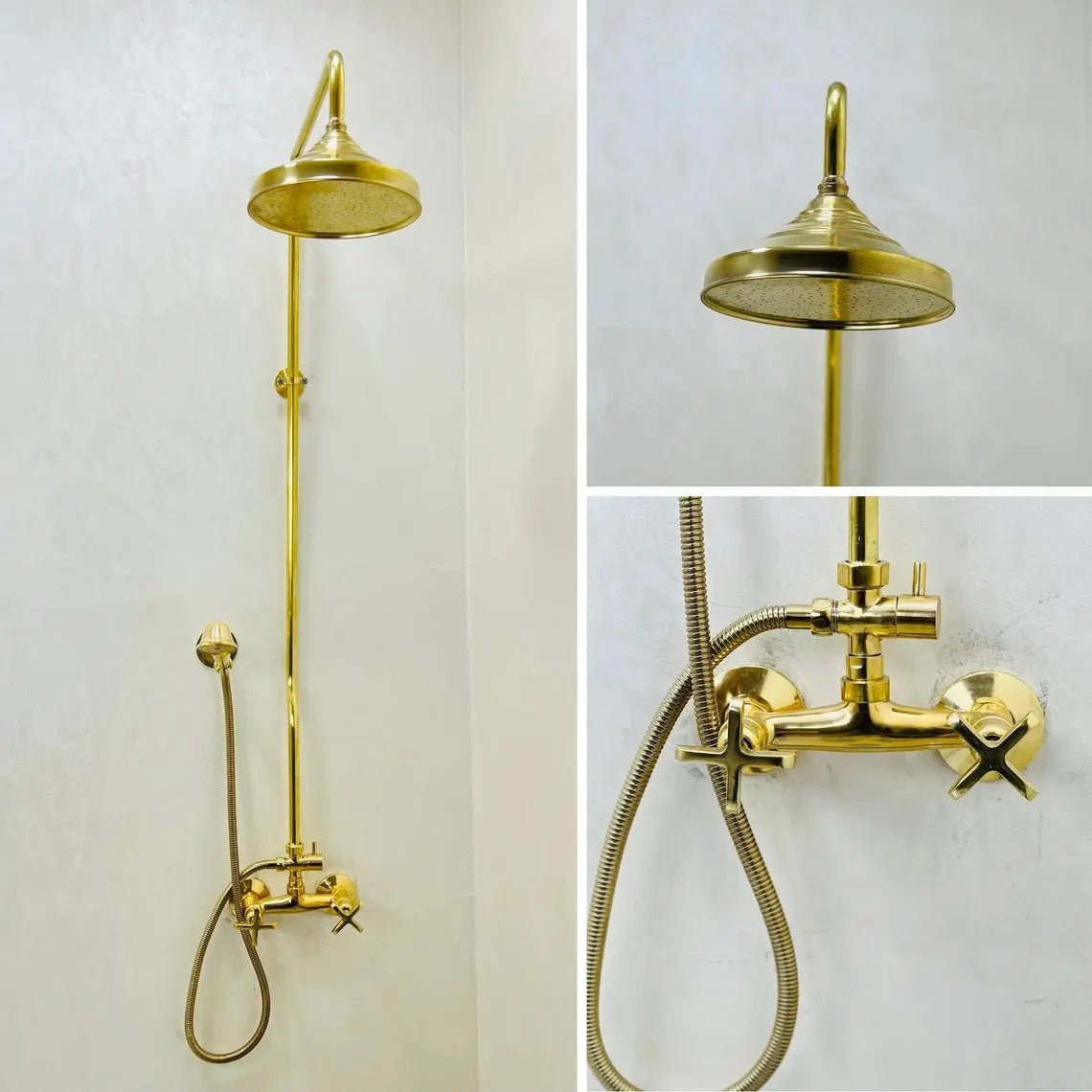 Unlacquered Brass Shower System with Handheld - Solid Brass Exposed Shower - handcrafted luxury Shower Systems for kitchen and bathroom interiors by Brooklyn Brass