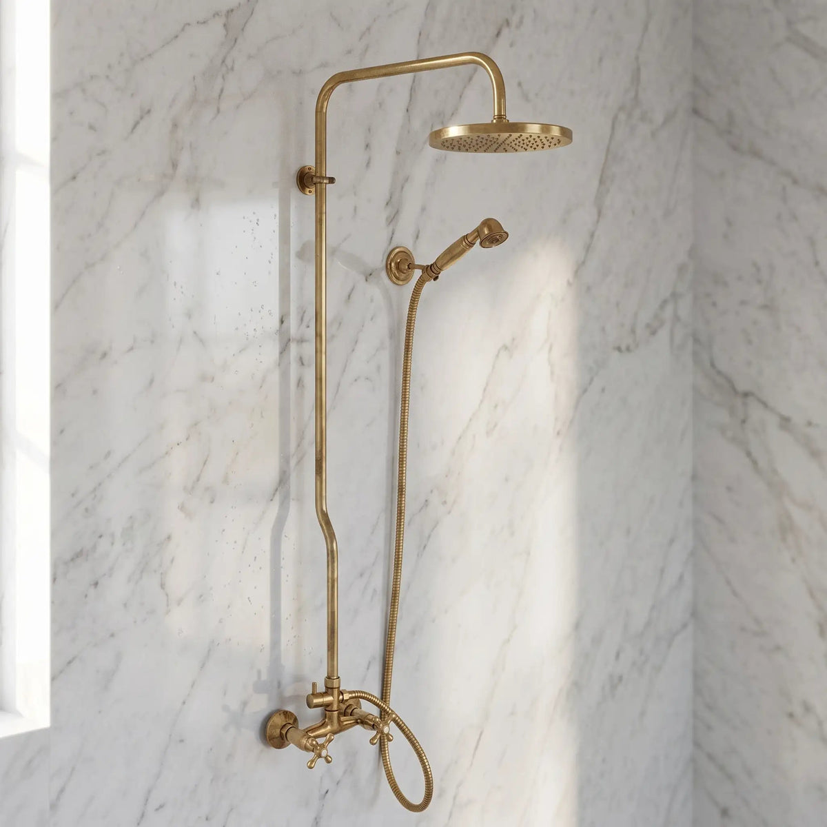 Unlacquered Brass Shower System with Handheld - Solid Brass Exposed Shower - handcrafted luxury Showers for kitchen and bathroom interiors by Brooklyn Brass