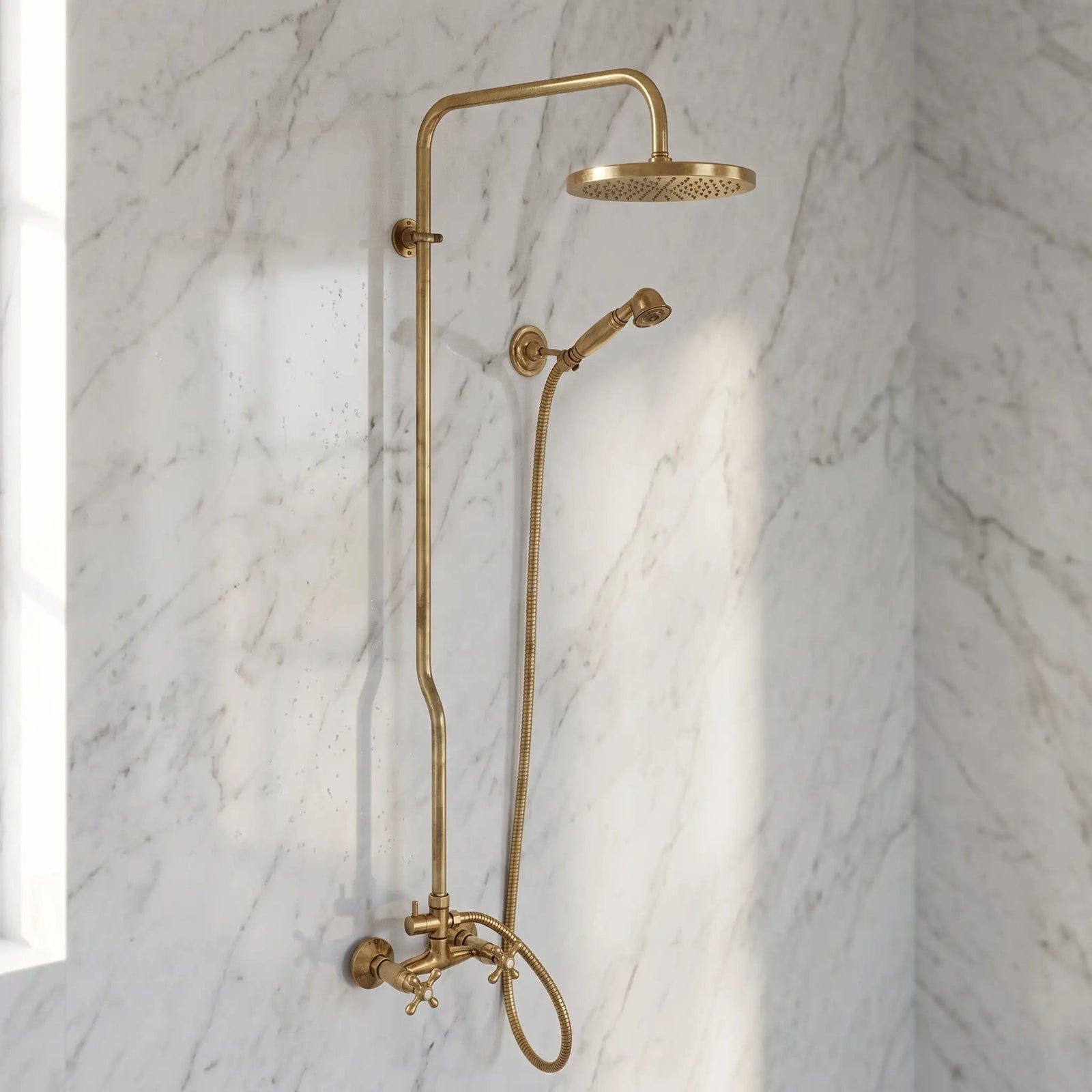Unlacquered Brass Shower System with Handheld - Solid Brass Exposed Shower - handcrafted luxury Showers for kitchen and bathroom interiors by Brooklyn Brass