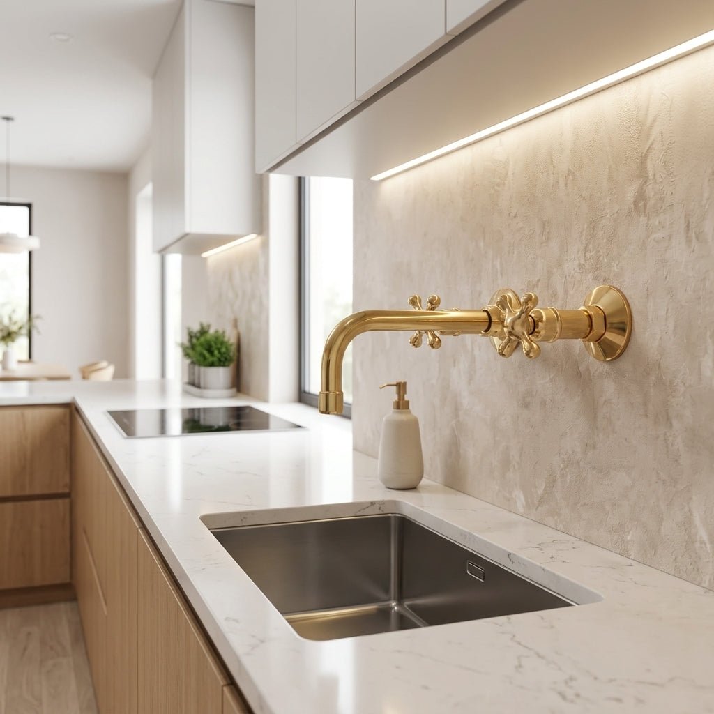 Unlacquered Brass Wall Mount Faucet for Bathroom and Kitchen - handcrafted luxury Kitchen Faucets for kitchen and bathroom interiors by Brooklyn Brass