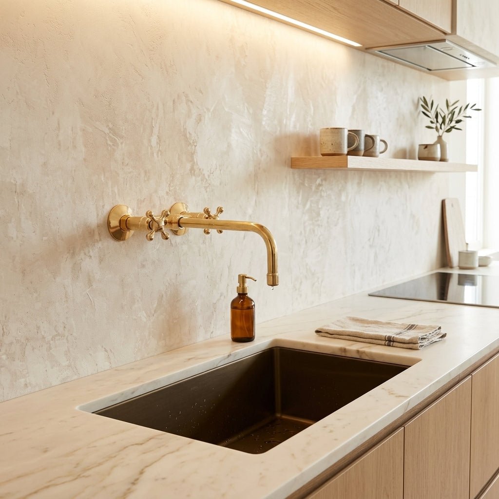 Unlacquered Brass Wall Mount Faucet for Bathroom and Kitchen - handcrafted luxury Kitchen Faucets for kitchen and bathroom interiors by Brooklyn Brass