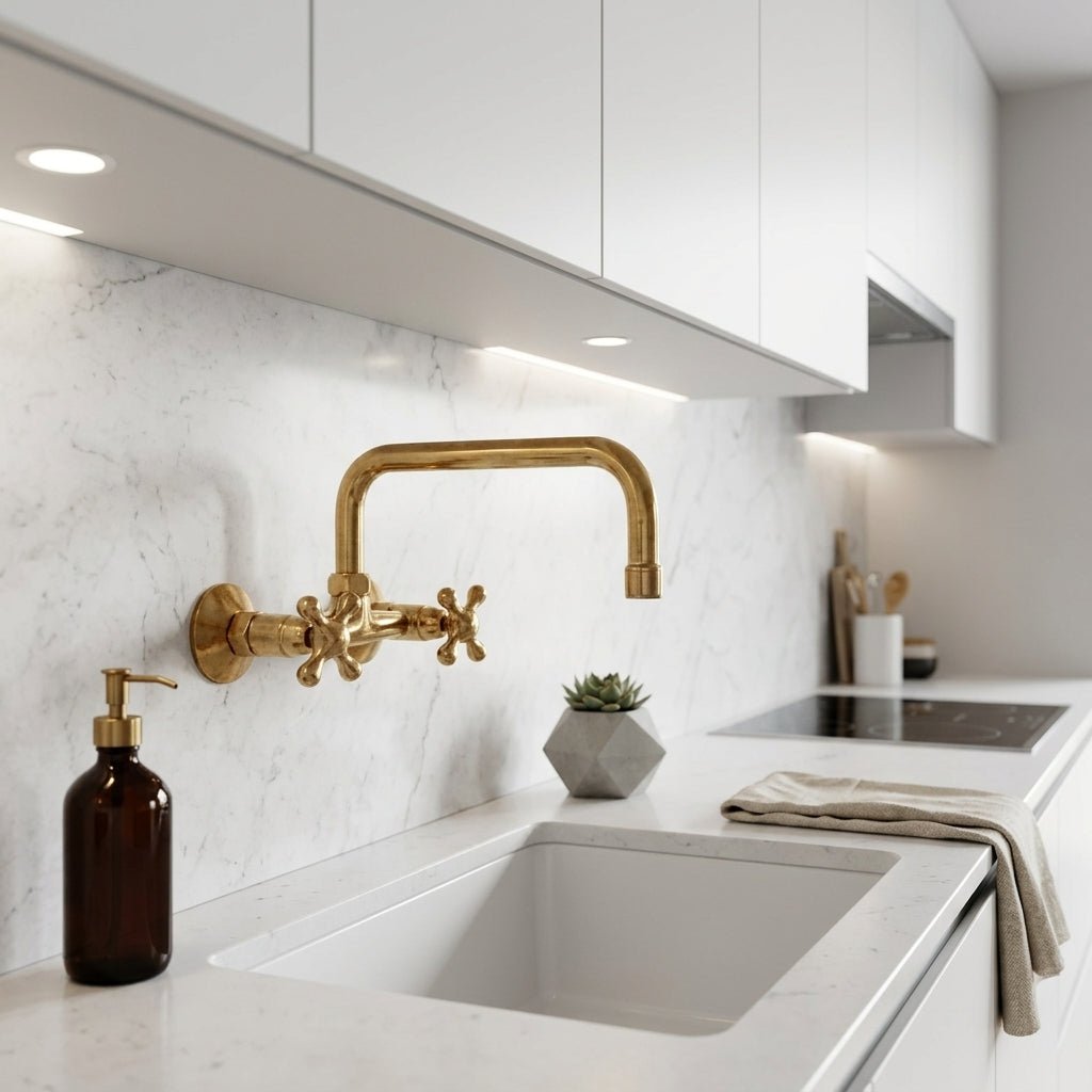 Unlacquered Brass Wall Mount Faucet for Bathroom and Kitchen - handcrafted luxury Kitchen Faucets for kitchen and bathroom interiors by Brooklyn Brass