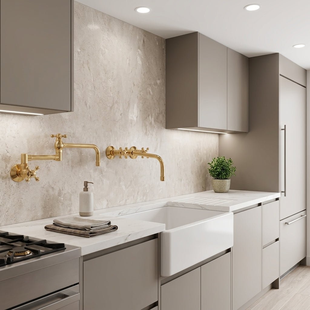 Unlacquered Brass Wall Mount Faucet for Bathroom and Kitchen - handcrafted luxury Kitchen Faucets for kitchen and bathroom interiors by Brooklyn Brass