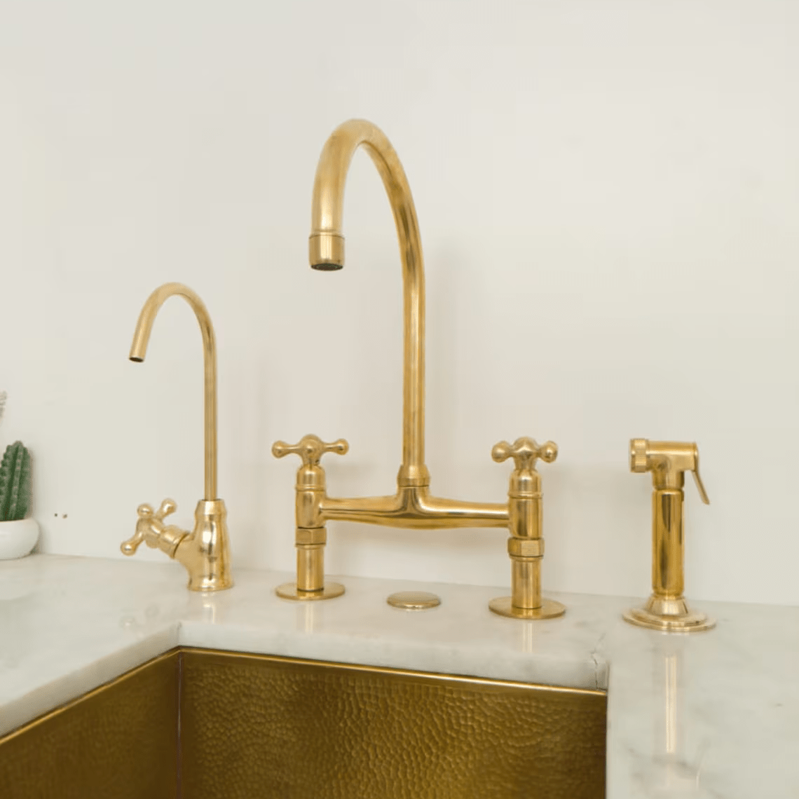 Unlacquered Brass Wall Mount Faucet, Two Handle Hot & Cold Sink Tap - handcrafted luxury Kitchen Faucets for kitchen and bathroom interiors by Brooklyn Brass