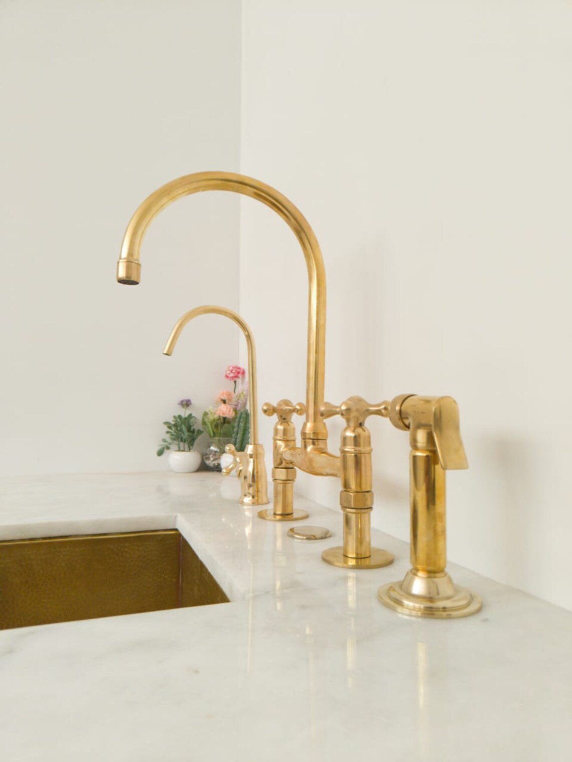 Unlacquered Brass Wall Mount Faucet, Two Handle Hot & Cold Sink Tap - handcrafted luxury Kitchen Faucets for kitchen and bathroom interiors by Brooklyn Brass