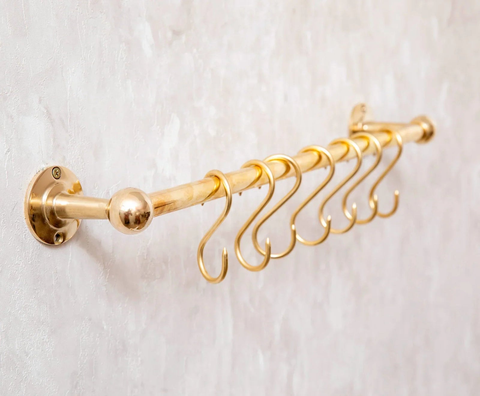 Unlacquered Brass Wall Mount Pot Rail Bar With Hooks, Brass Pot Rack - handcrafted luxury Hardware and Drains for kitchen and bathroom interiors by Brooklyn Brass
