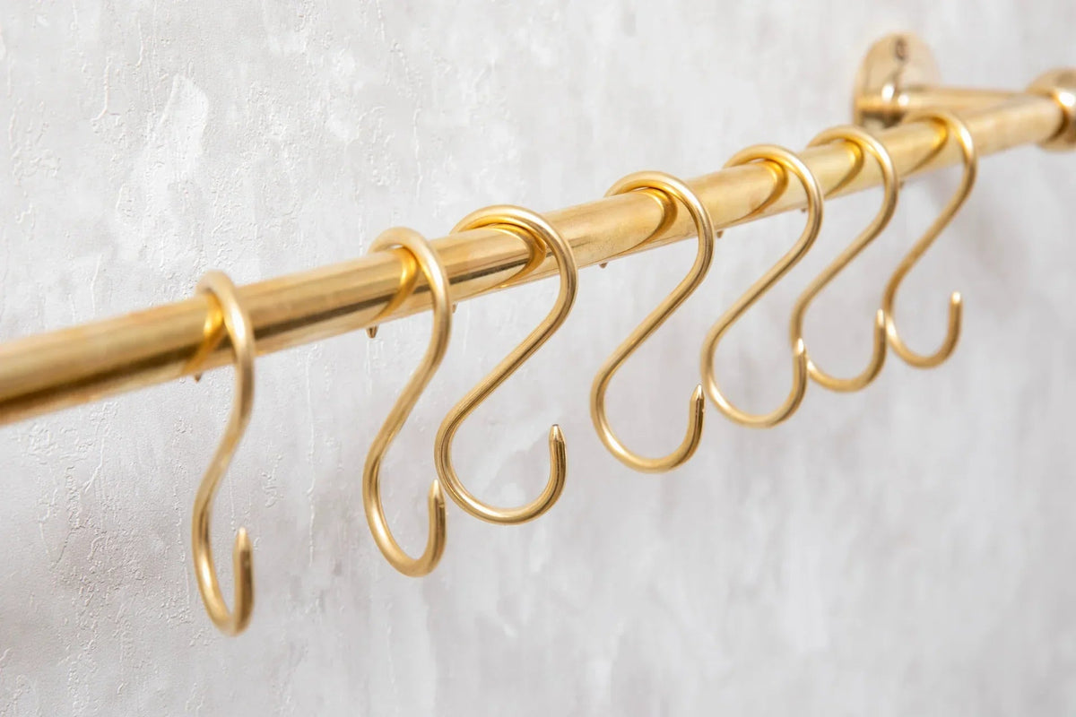 Unlacquered Brass Wall Mount Pot Rail Bar With Hooks, Brass Pot Rack - handcrafted luxury Hardware and Drains for kitchen and bathroom interiors by Brooklyn Brass