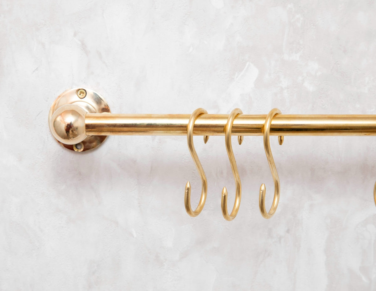 Unlacquered Brass Wall Mount Pot Rail Bar With Hooks, Brass Pot Rack - handcrafted luxury Hardware and Drains for kitchen and bathroom interiors by Brooklyn Brass
