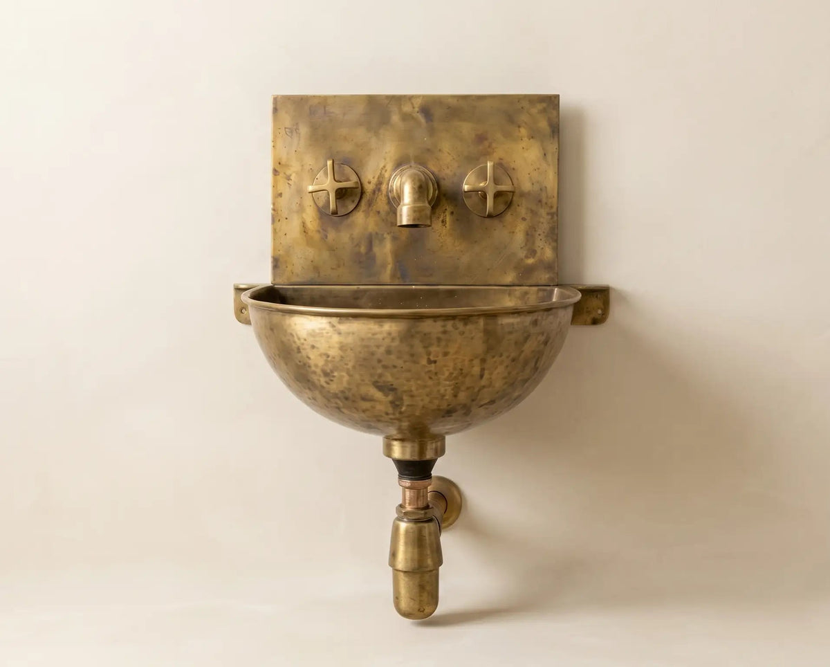 Unlacquered Brass Wall Sink – Hammered Bathroom Basin with Faucet - handcrafted luxury Bathroom Sinks for kitchen and bathroom interiors by Brooklyn Brass