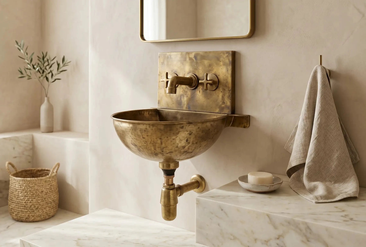 Unlacquered Brass Wall Sink – Hammered Bathroom Basin with Faucet - handcrafted luxury Bathroom Sinks for kitchen and bathroom interiors by Brooklyn Brass