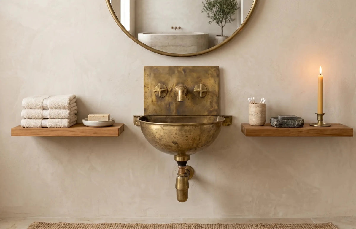 Unlacquered Brass Wall Sink – Hammered Bathroom Basin with Faucet - handcrafted luxury Bathroom Sinks for kitchen and bathroom interiors by Brooklyn Brass