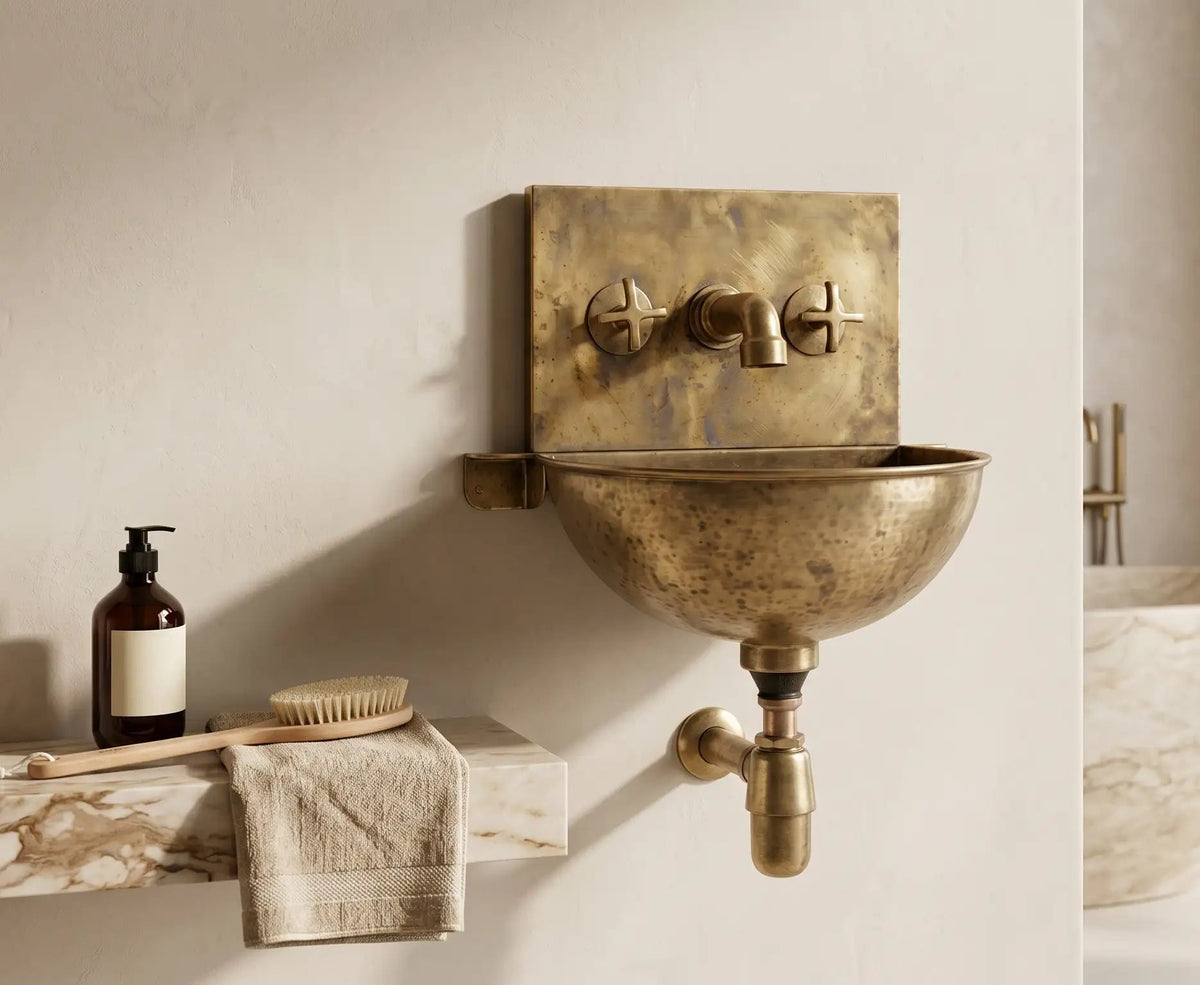 Unlacquered Brass Wall Sink – Hammered Bathroom Basin with Faucet - handcrafted luxury Bathroom Sinks for kitchen and bathroom interiors by Brooklyn Brass