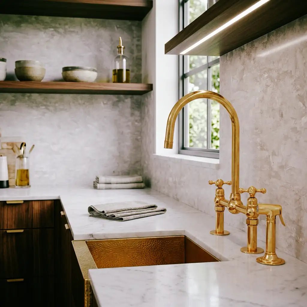 Unlacquered Solid Brass Bridge Faucet, Vintage Kitchen Sink Tap - handcrafted luxury Kitchen Faucets for kitchen and bathroom interiors by Brooklyn Brass