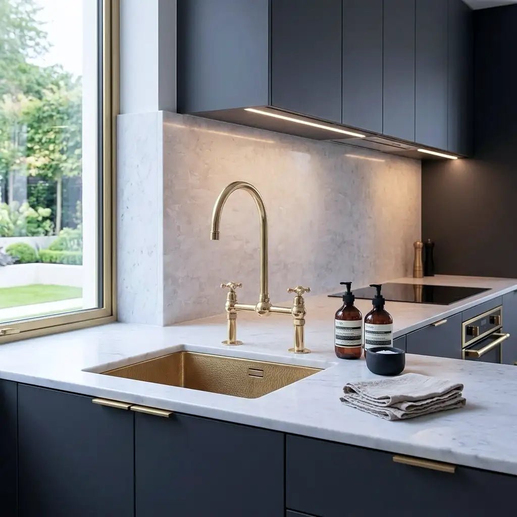 Unlacquered Solid Brass Bridge Faucet, Vintage Kitchen Sink Tap - handcrafted luxury Kitchen Faucets for kitchen and bathroom interiors by Brooklyn Brass