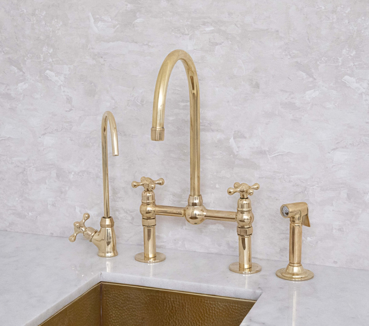 Unlacquered Solid Brass Bridge Faucet, Vintage Kitchen Sink Tap - handcrafted luxury Kitchen Faucets for kitchen and bathroom interiors by Brooklyn Brass
