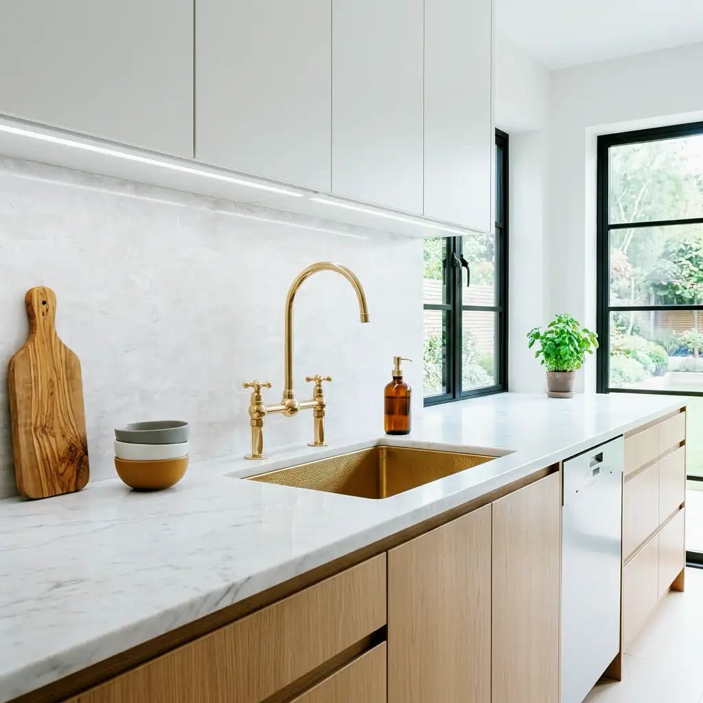 Unlacquered Solid Brass Bridge Faucet, Vintage Kitchen Sink Tap - handcrafted luxury Kitchen Faucets for kitchen and bathroom interiors by Brooklyn Brass