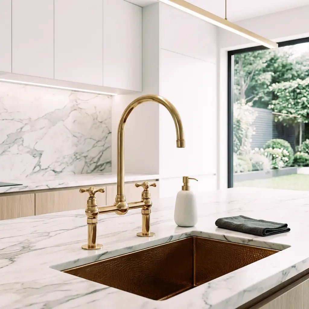 Unlacquered Solid Brass Bridge Faucet, Vintage Kitchen Sink Tap - handcrafted luxury Kitchen Faucets for kitchen and bathroom interiors by Brooklyn Brass