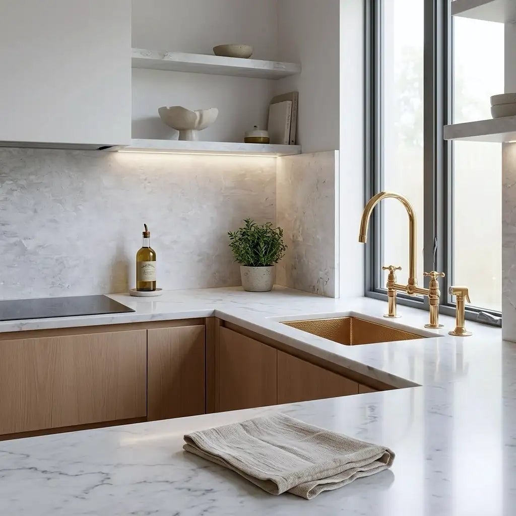 Unlacquered Solid Brass Bridge Faucet, Vintage Kitchen Sink Tap - handcrafted luxury Kitchen Faucets for kitchen and bathroom interiors by Brooklyn Brass